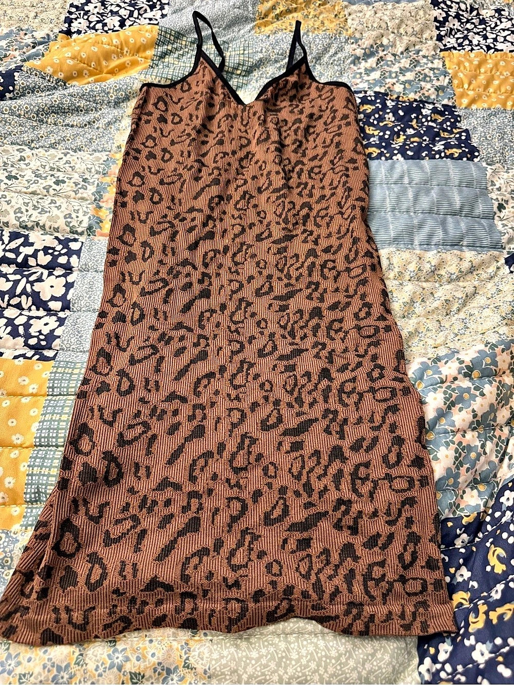 Bozzolo Leopard Print Ribbed Spaghetti Strap Midi Dress Brown & Black Small